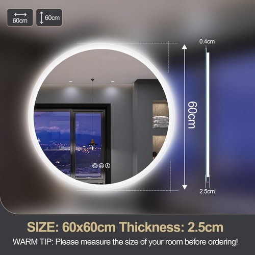 23.6 in Round LED Bathroom Lighted Mirror Bluetooth 3 Colour Wall Vanity Mirror - Picture 7 of 8