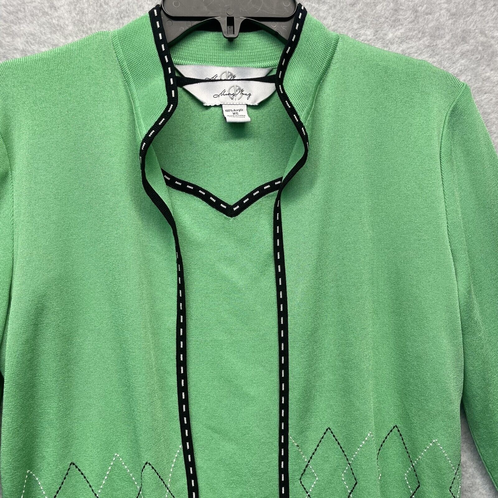 Ming Wang Knit Twin Set Womens XS Green Argyle Embroidered Cardigan Career Wear