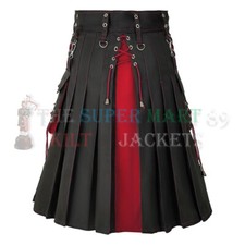 Scottish Utility Black Hybrid Kilt with Red Pleats and Lacing Details