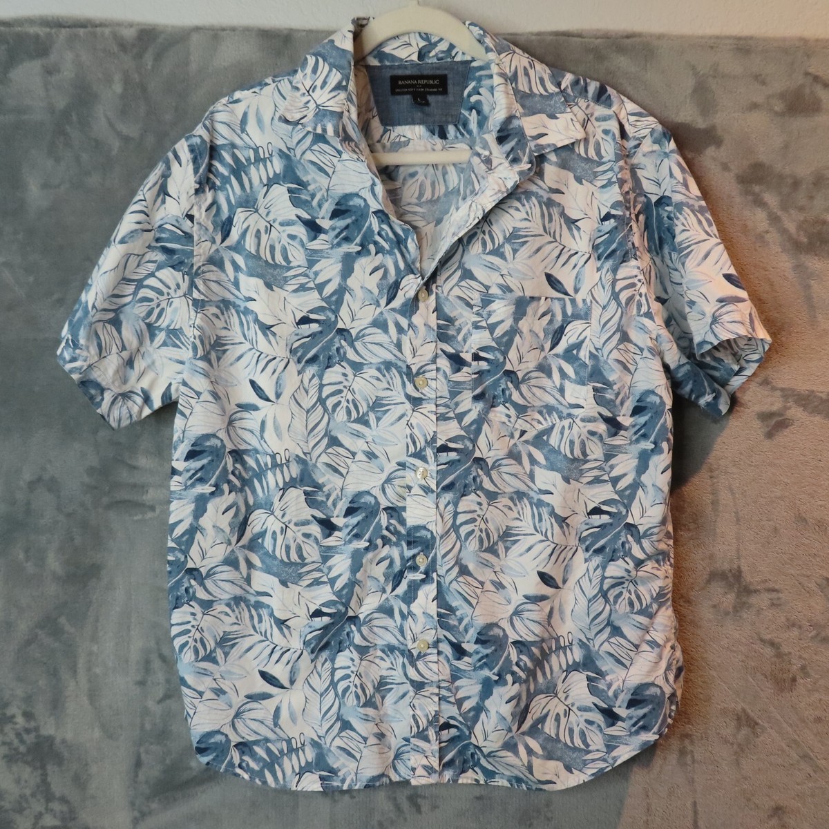 BANANA REPUBLIC Shirt Mens Large Blue White Palms Leaves