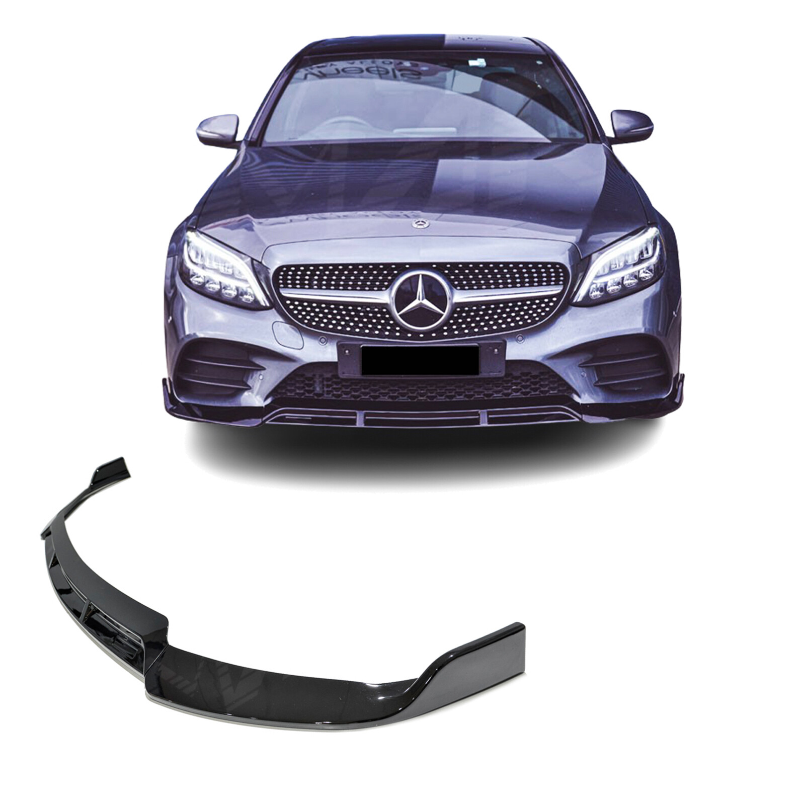 Front spoiler suitable for MERCEDES W205, sporty, glossy black, 3-piece