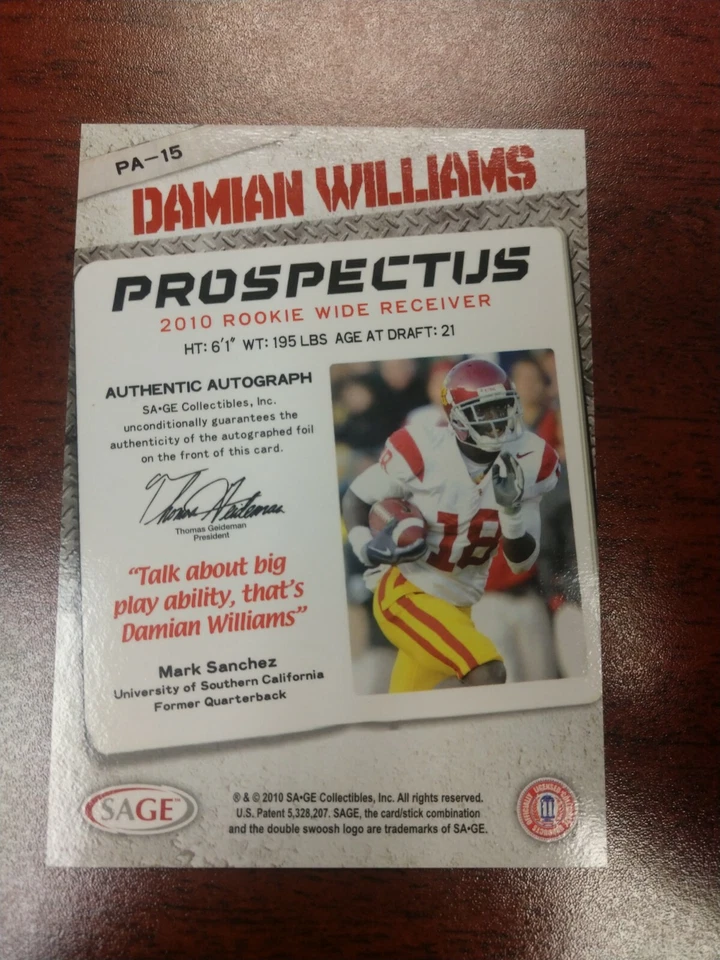 2010 Sage Hit Prospectus Damian Williams /100 - Image 2 of 2