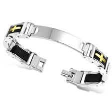 Stainless Steel Silver-Tone Black Gold-Tone Religious Cross Mens Bracelet, 8.25"