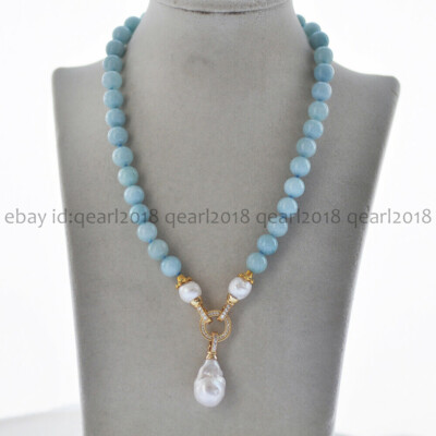 Natural Aquamarine Round Gems Beads White Keshi Baroque Pearl Pendant Necklace