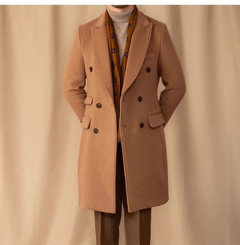 Men's Wool Overcoat Thickened Peak Lapel Double Breasted Mid-Length Warm Coat - Picture 2 of 23