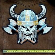 LARGE Viking Skull Warrior Cross Axes Embroidered Iron On Vest Biker Back Patch