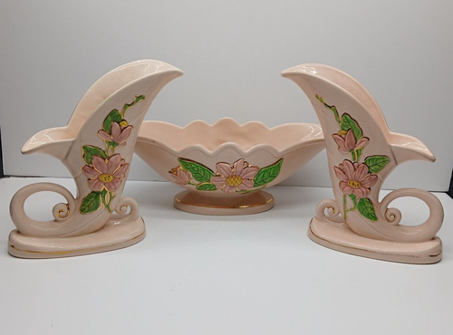 Set consolle con scafo floreale vintage con 2 fioriere Cornucopia rosa verde - Foto 2 di 17