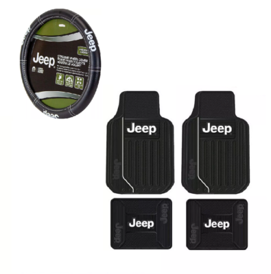 Plasticolor 9-Piece Jeep Interior Protection Kit - Black Rubber Floor Mats, Seat Covers & Steering Wheel Cover