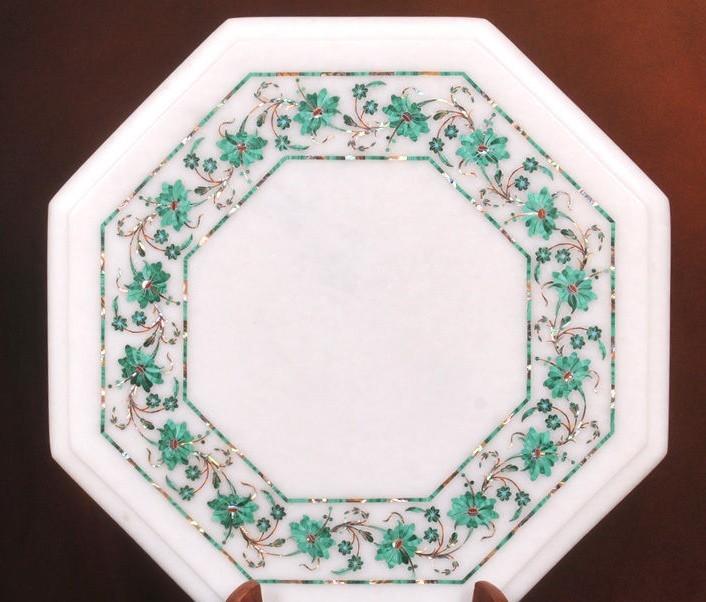 18-inch marble corner table with semi-precious stone floral inlay decor furniture