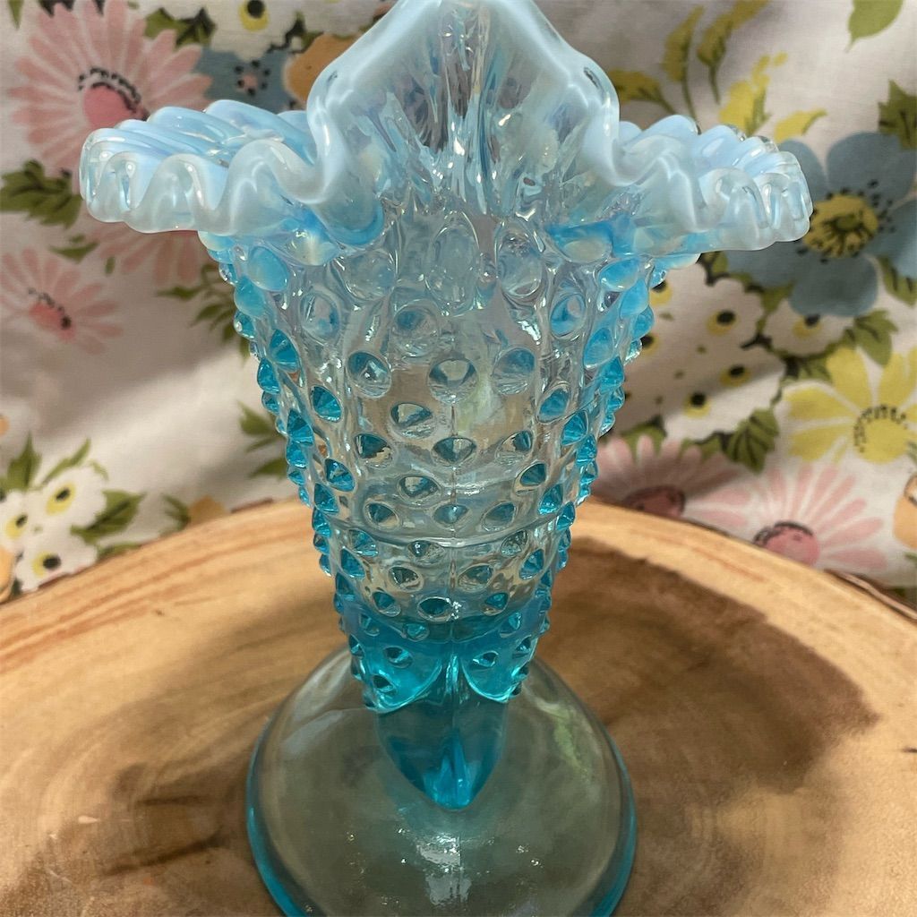 Vintage Fenton Blue Opalescent Hobnail Cornucopia Vase Ruffled