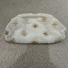 Vtg Corde Bead Ivory Beaded Floral Clutch Evening Bag Formal Cream Pink Green