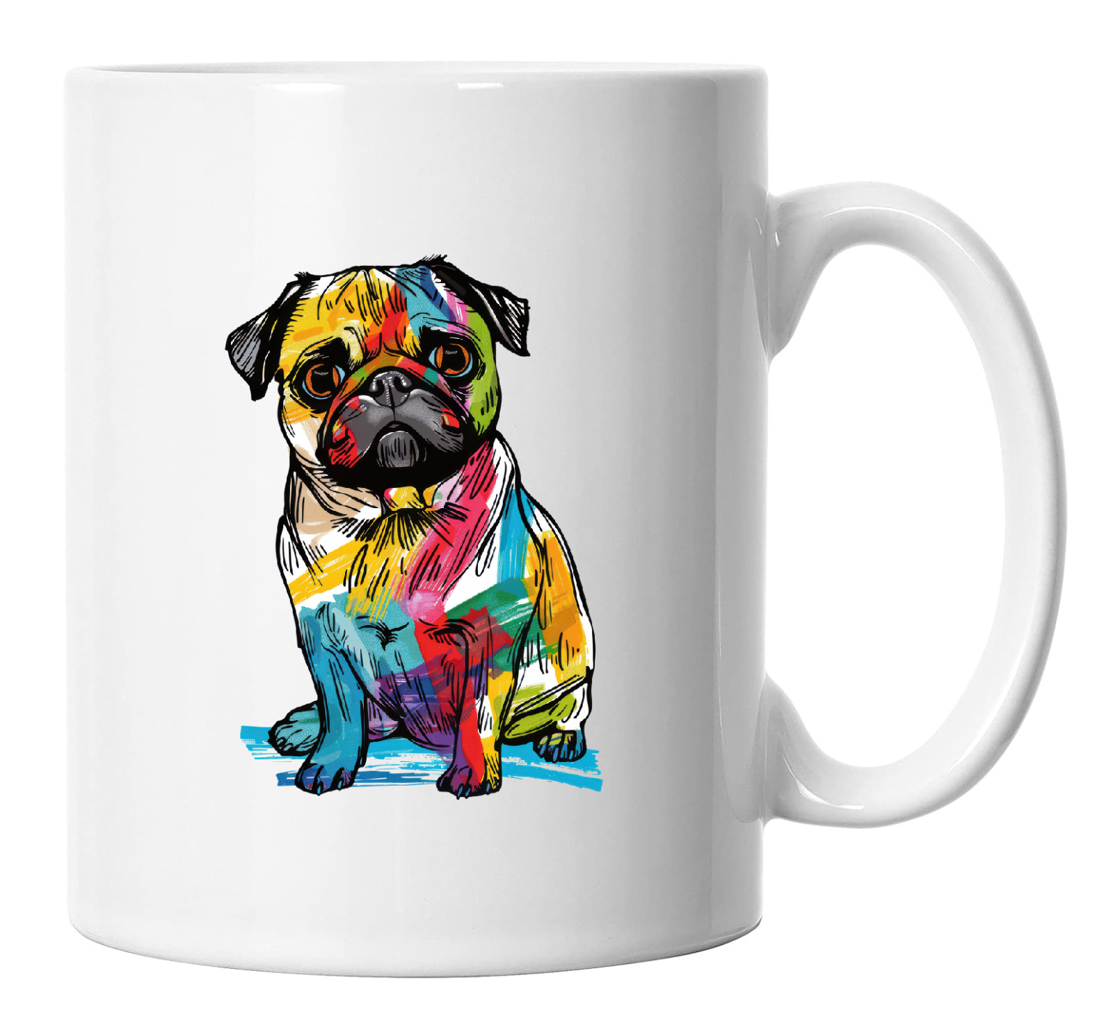 Pug Dog Mug, Doodle Cartoon Caricature Pug Dog Mug