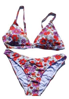 Women's Triangle Low Waisted Two Piece Bikini Swimsuit - Orange Flower - Size L