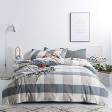 Luxury Blue Checkered Queen Duvet Cover Set 3 Pieces 100 Cotton
