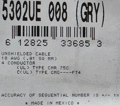 Belden 5302UE 18/4C Audio/Communication/Security Cable Riser CMR Gray /50ft