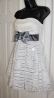 XOXO Prom Dress  Knee Strapless White Gray-Bow Fit/Flare Taffeta/Tulle Size S Jr