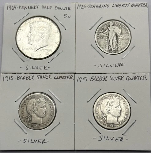 4-Silver Coins, 1-Kennedy Half, 1-Standing Liberty, 2 Barber Quarters-4 Coin Lot