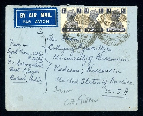 India1947 KGVI Air mail cover to University of Wisconsin, USA