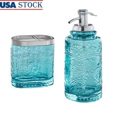 Teal 2 Piece Glass Bath Accessories Set Soap Dispenser Toothbrush Holder Decor
