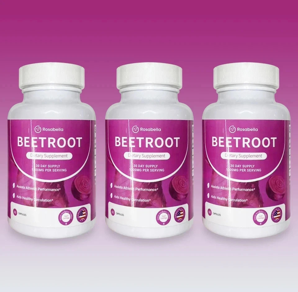 3PCS Rosabella Organic Beet Root 60 Capsules Natural Energy Boost Blood Pressure