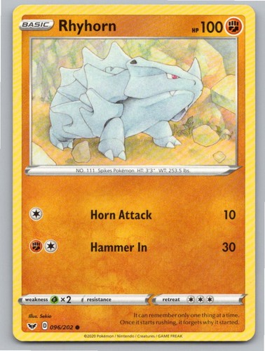 2020 POKEMON RHYHORN SWORD & SHIELD 096/202 C NM A81886 FREE S&H