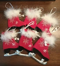Cracker Barrel 6 Ice Skate Christmas Ornaments Sweater Knit Soft Red Stuffable