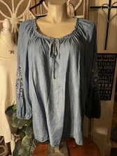 Lauren Conrad Women’s 3X Embroidered Blue Chambray Tunic Top, Tie Neckline, Soft