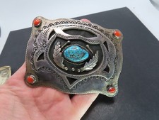 Old Pawn Sterling Silver & Turquoise/Coral Belt Buckle, Unsigned, 161.3g