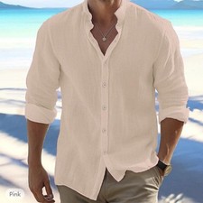 Button-up Shirt Mens Long Sleeve Cotton Linen T-shirt Casual Summer Beach