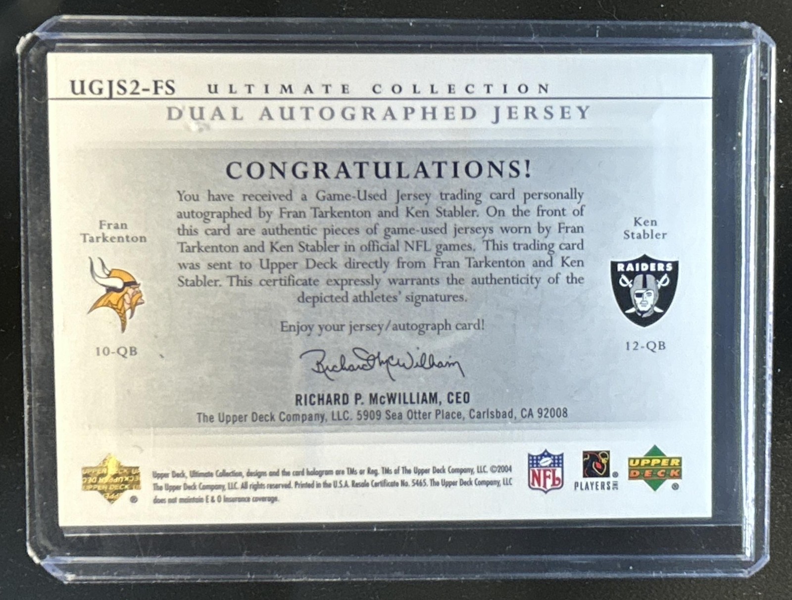 2004 Upper Deck Ultimate Fran Tarkenton Ken Stabler Game Jersey Dual Auto #/15 view 2
