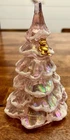 FENTON GLASS  6 1/2” CHRISTMAS TREE PINK IRIDESCENT SNOW  FLOCKED W/ TEDDY BEAR