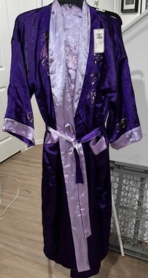 S D Classic Satin Luxury  Embroidered Robe Sz M W Belt Reversible Purple Dragon