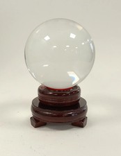 Large Clear Crystal Ball On Wooden Stand Ornament Decor 4" Wide In GC