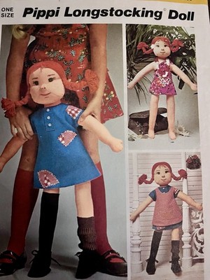 VTG`73  Simplicity 6063  Pippi Longstocking Doll & Outfits Cloth Doll & Yarn Wig
