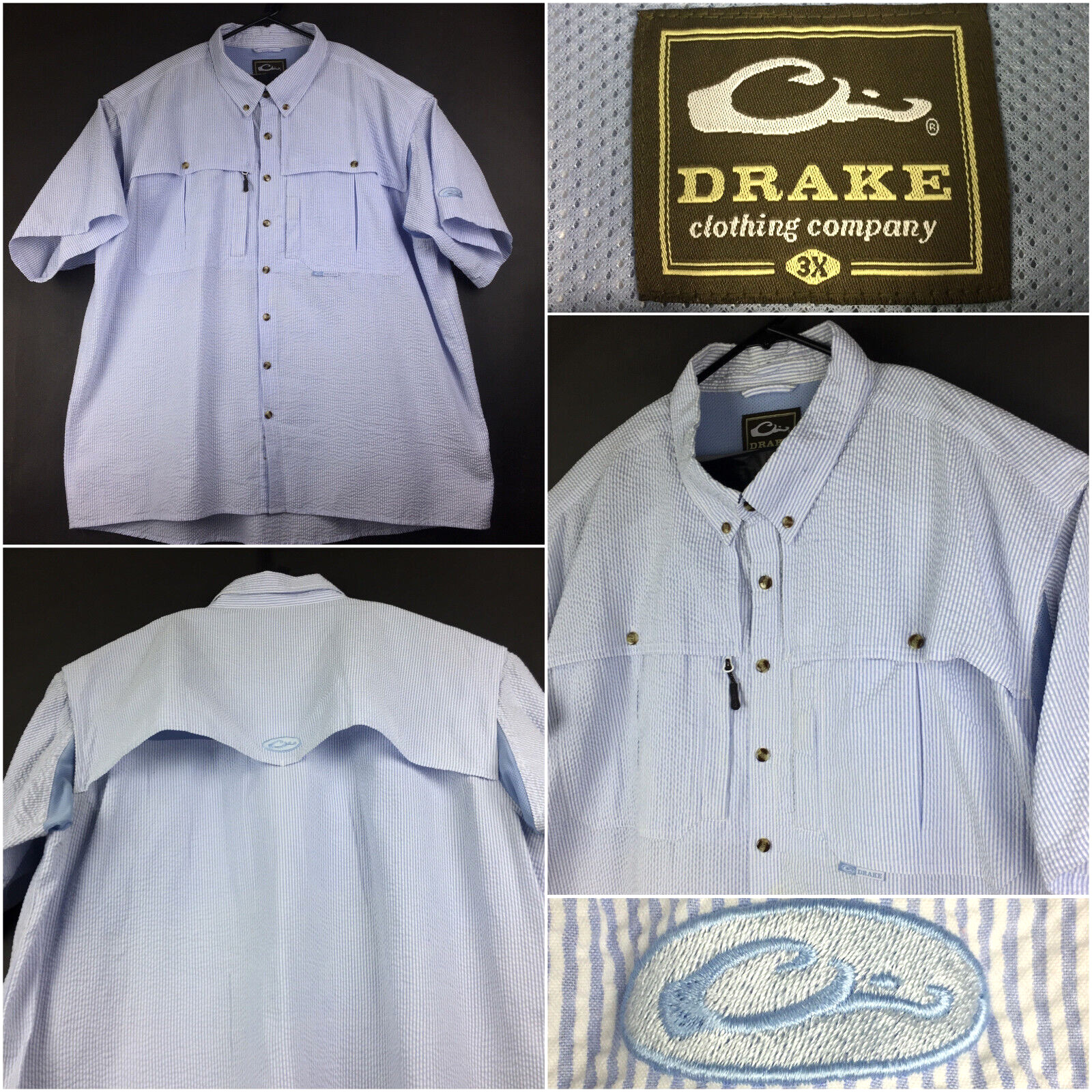 Drake Mens 3X Big (58 in Chest) Blue Stripe Vent Seersucker Wingshooters Shirt