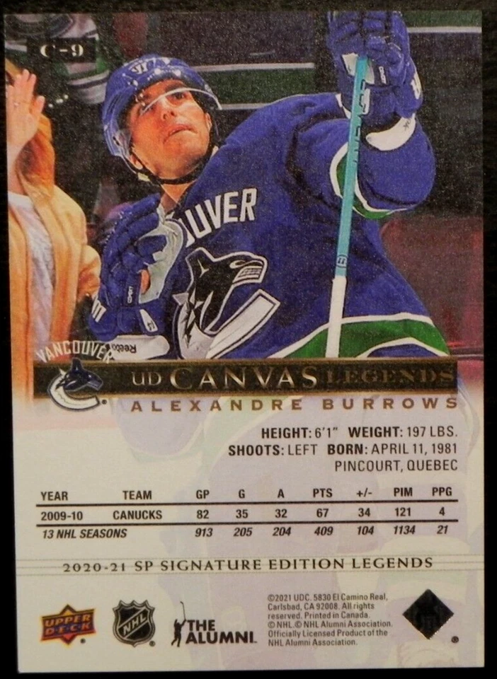 2020-21 20/21 SP Signatures Edition Legends Canvas C-9 Alexandre Burrows Canucks - Image 2 of 2