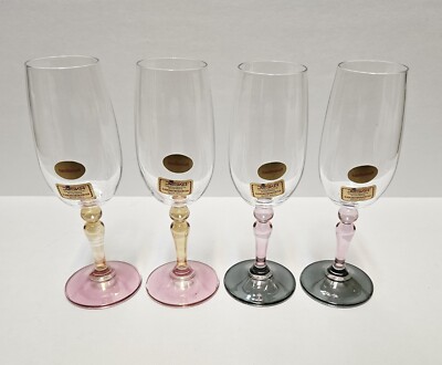 4 JOSKA CORDIAL GLASSES Bavarian Forest Glass Pink Green Pedestal w/ Stickers