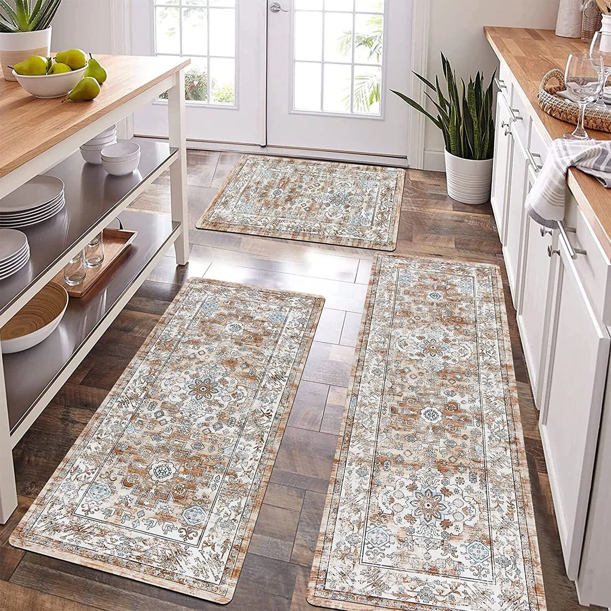 Lokhom Boho Kitchen Rug Set of 3 Non Slip Kitchen Mat & Rug Washable Area  Rug