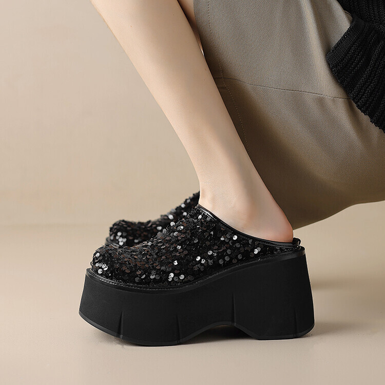 Women's 2024 Fashion Leather Round Toe Sequin Platform Slip On