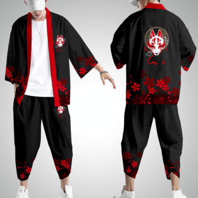 Men Kimono Coat Jacket Top Pants Trousers Outwear Japanese Loose Casual Fox