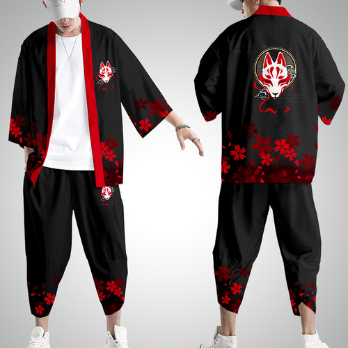 Men Kimono Coat Jacket Top Pants Trousers Outwear Japanese Loose Casual Fox