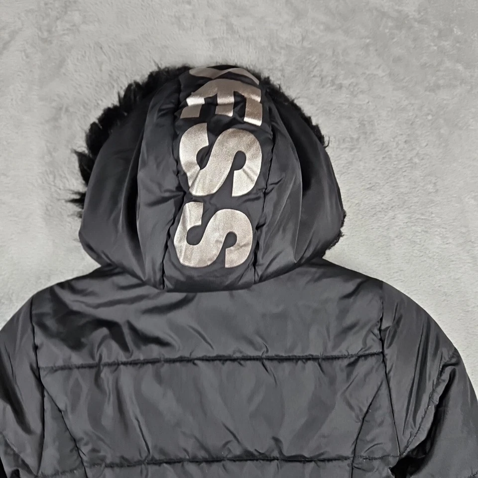 Guess Girls Lined Puffer Warm Coat Black Faux Fur Lined Logo Hood Sz M; 10-12 - Image 4 of 4