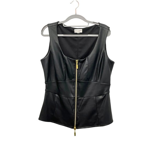 BISOU BISOU Glam Vest Top Women Size L Black Faux Leather Front Stretch Back