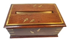 Vintage Pop-Up Cigarette Dispenser Wood with Brass Floral Inlay Dove Tail