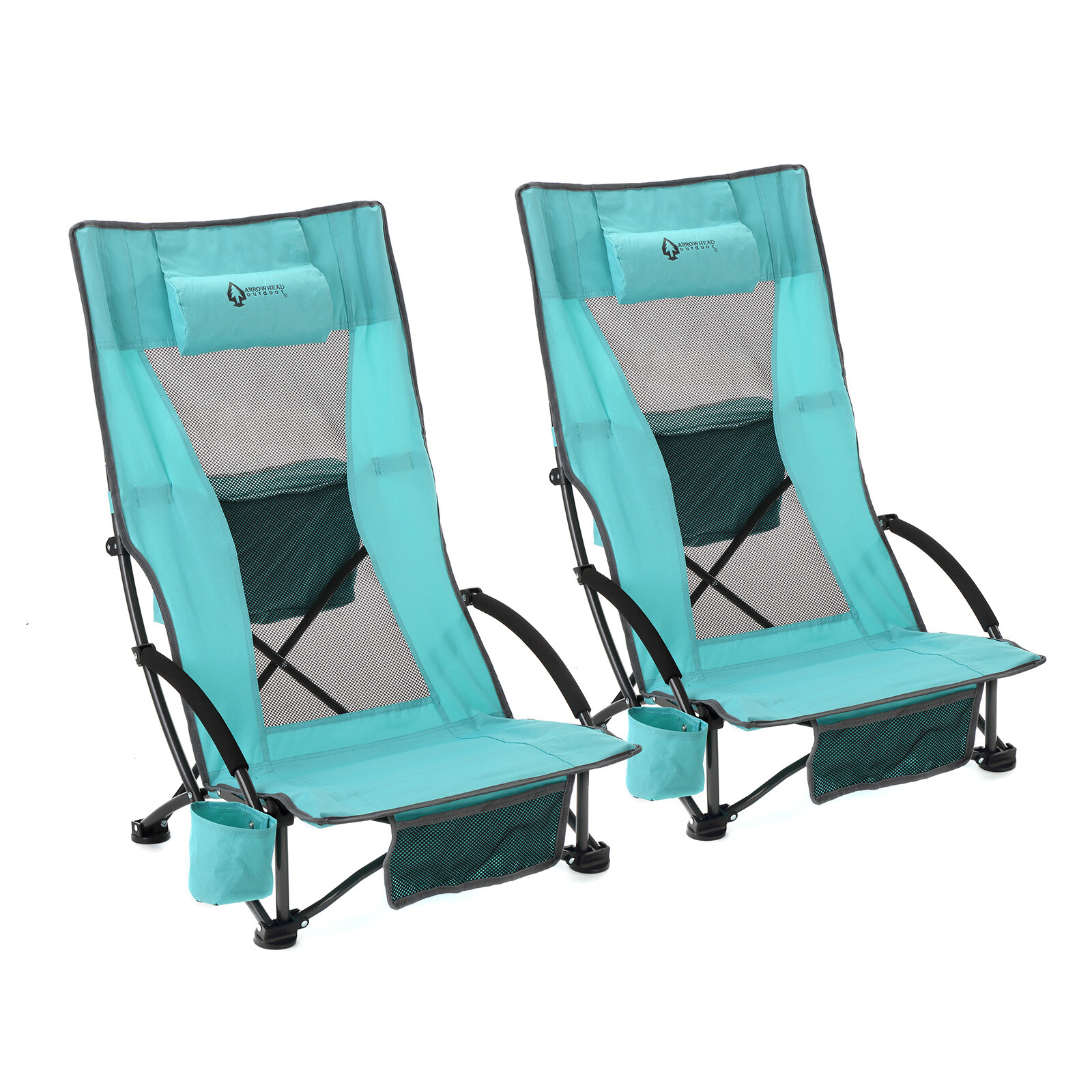 2PC Low Sitting 20° Reclinable Folding Beach Chair w/ Headrest Foam Armrest Blue