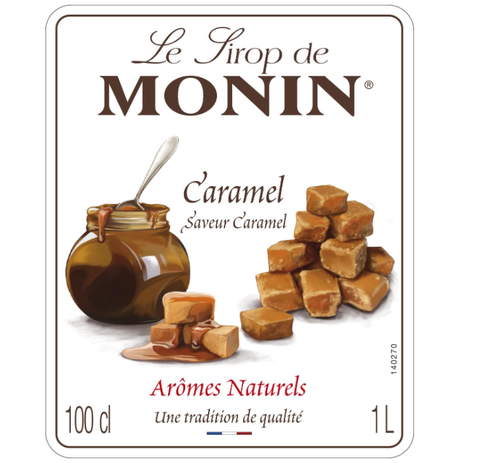 MONIN Premium Caramel Syrup 1L for Coffee and Cocktails. VeganFriendly