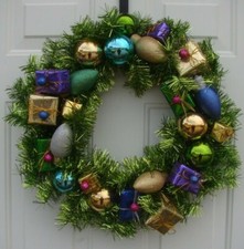 BRIGHT 24" HOLIDAY CHRISTMAS WREATH GREEN TINSEL GLITTER BULB AQUA GOLD SILVER
