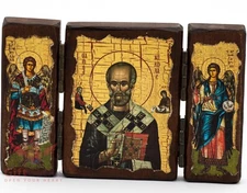 Wooden Icon Triptych of Saint Nicholas Складень Николай Чудотворец 5.5"x4"