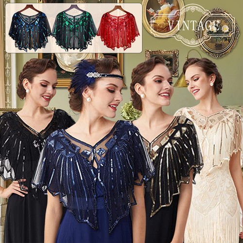 Damen Vintage Pailletten Umhang Durchsichtig Spitze Bolero Schulterjacke # - Bild 1 von 27