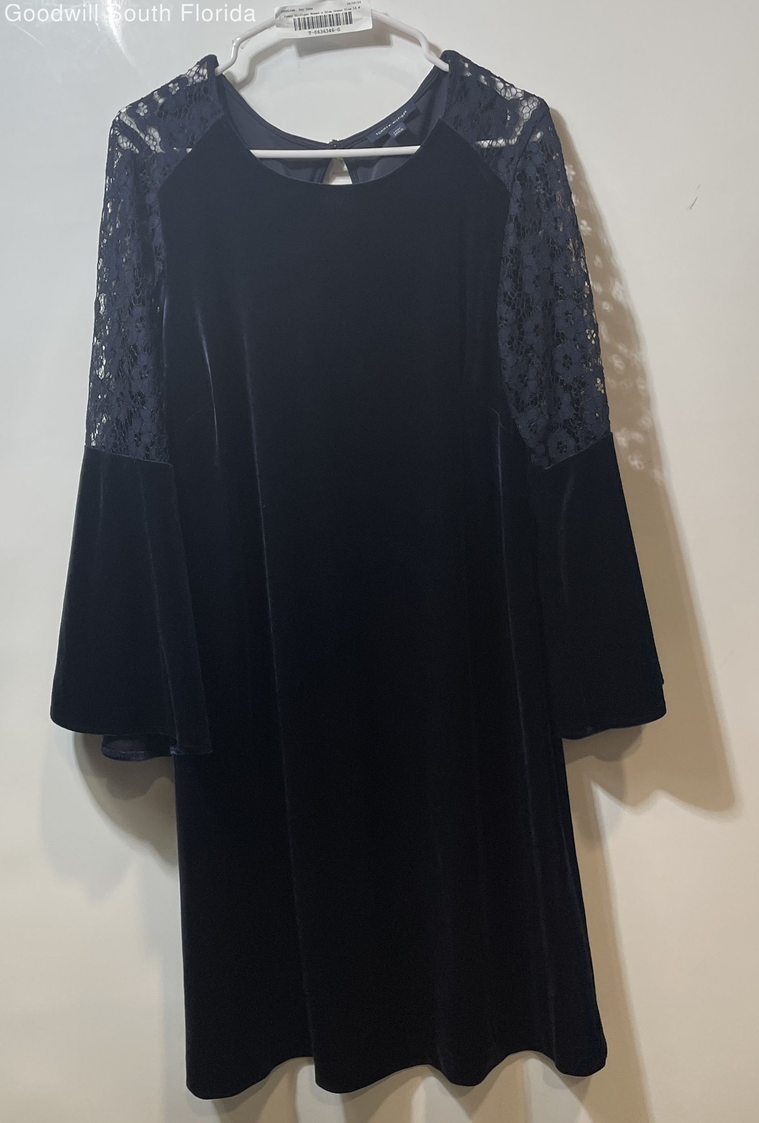 Tommy Hilfiger Womens Blue Velvet Sheer Lace Long Bell Sleeve Shift Dress Sz 14W